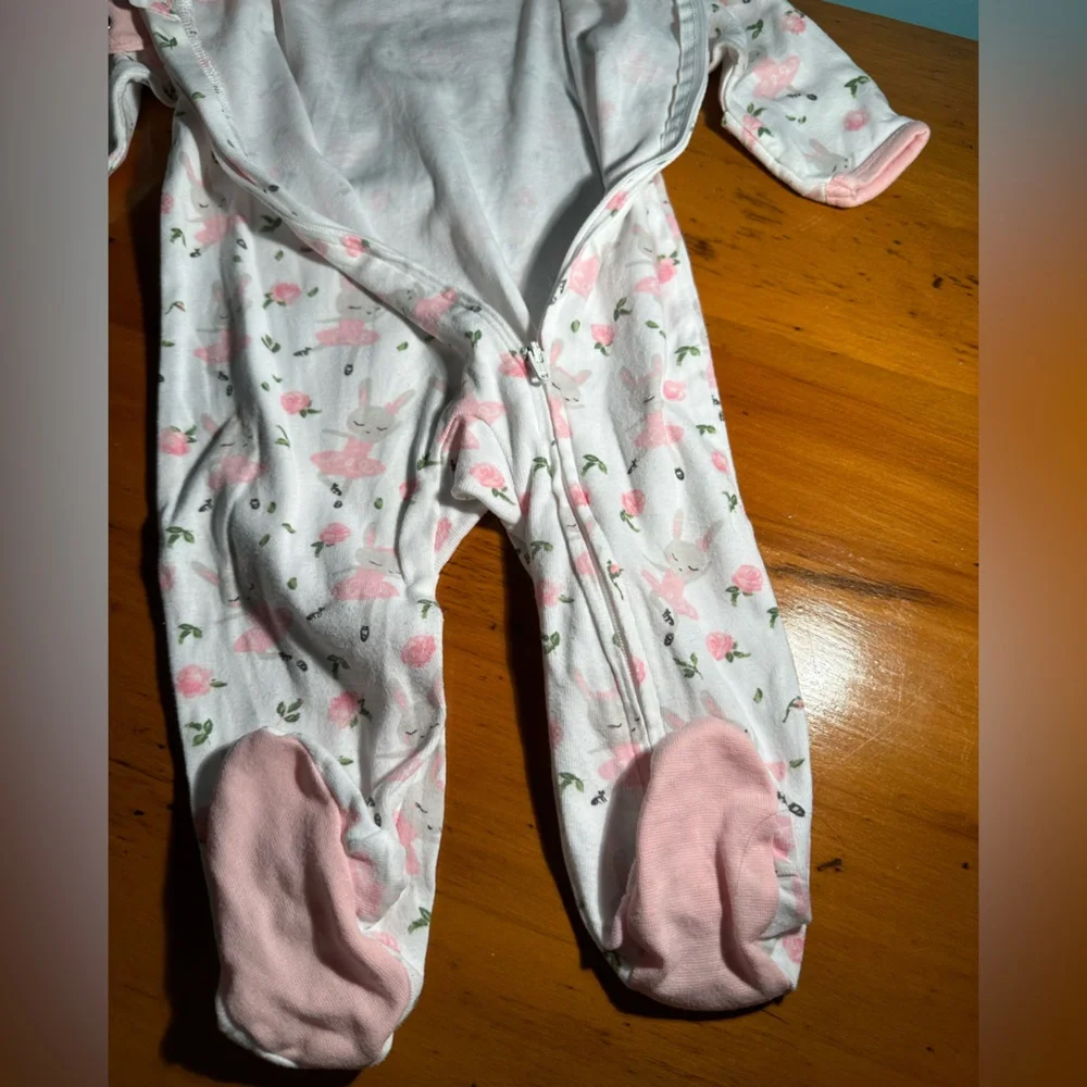 Honest Organic Cotton Gray Ballerina Bunnies Pink Roses Adorable Sweet ~3-6 Mos.